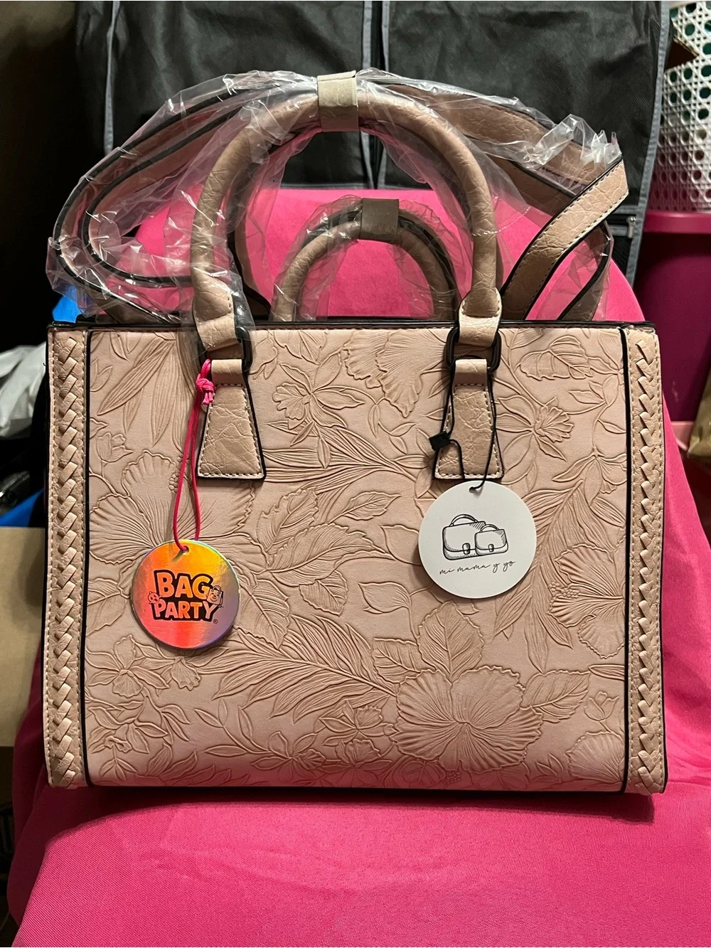 Bag Party , two toes, Embossed Floral Tote Bag in Blush Pink - Women Bags